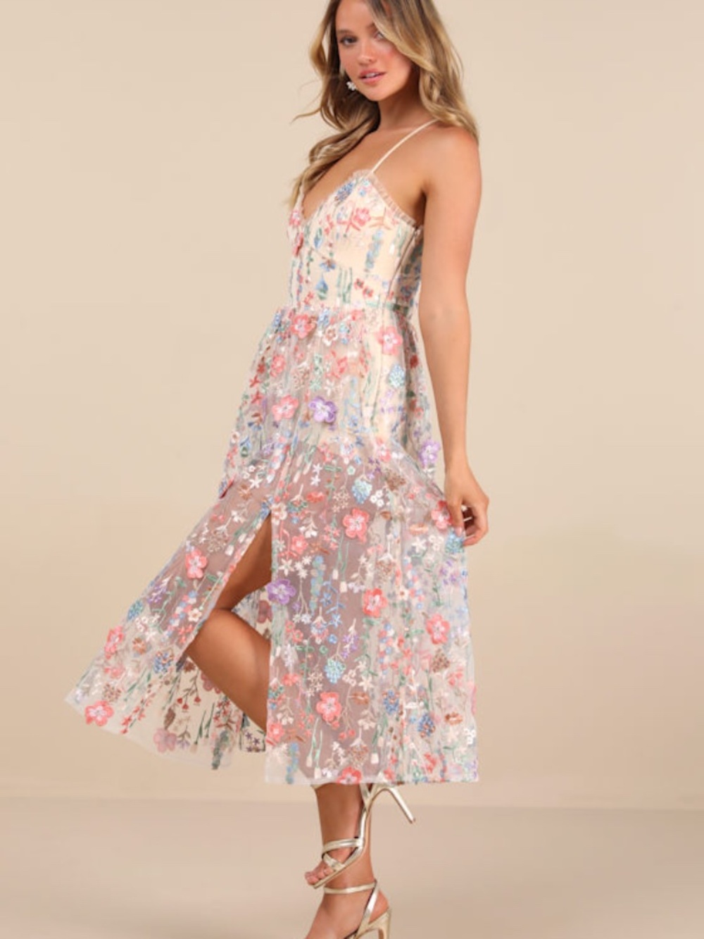 Lulus Mahryn Beige 3d Floral Embroidered Midi Bodysuit Dress - Size S
